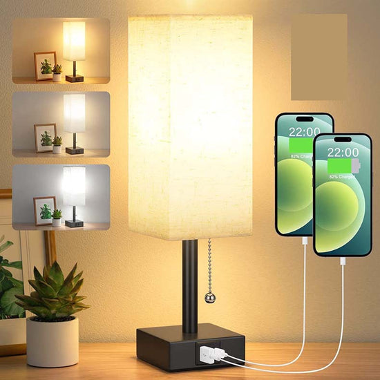 Bedside Table Lamp With 3 Levels Brightness Small Lamp With USB C & A Ports Nightstand Lamp With Pull Chain Bedroom Lamp For Living Read Work